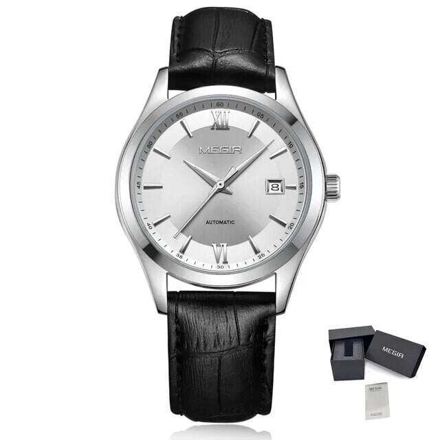 MEGIR Original Brand Men&#39;s Watches Automatic Mechanical Watch 5Bar Waterproof Leather Luxury Wristwatch Clock Relogio Masculino, Color: Silver Black