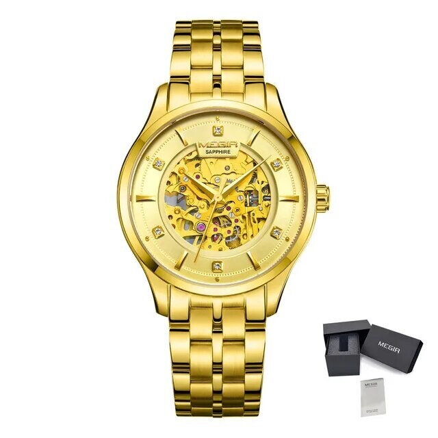MEGIR Luxury Men Watches Waterproof Automatic Mechanical Watch Stainless Steel Sapphire Gold Business WristWatch Reloj Hombre, Color: Gold