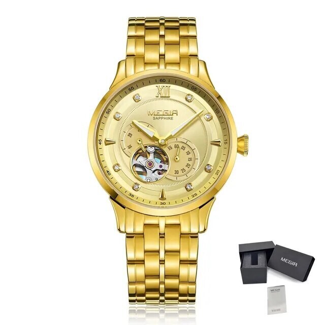MEGIR Luxury Men Watches Stainless Steel Automatic Mechanical Watch Sapphire Steel Case Business WristWatch Montre Homme, Color: Gold