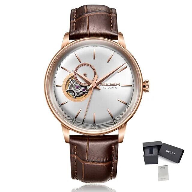 MEGIR Automatic Men&#39;s Watch Mechanical Movement Leather Strap Luxury Business Watches 5ATM Waterproof Big Dial Clock Wristwatch, Color: Rose Brown
