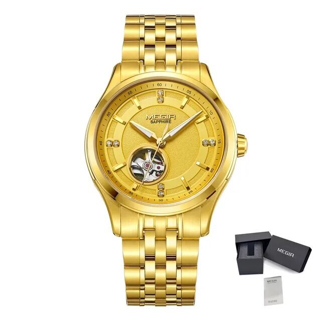 MEGIR Top Brand Luxury Business Watch Men Stainless Steel Waterproof Automatic Mechanical WristWatch Clock Big Dial Montre Homme, Color: Gold