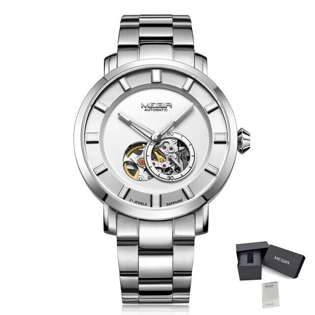 MEGIR Men Watch Hollow Out Automatic Mechanical Stainless Steel Wristwatch Waterproof Luxury Business Wrist Watch Montre Homme, Color: Silver