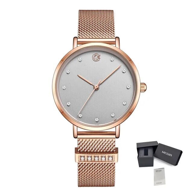 MEGIR Fashion Women Watches Top Brand Luxury Ladies Dress Clock Steel Bracelet Clock Female Quartz Wristwatch Relogio Feminino, Color: Silver Rose