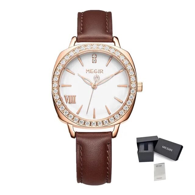 MEGIR Fashion Women Watch Luxury Diamond Leather Ladies Bracelet Watch Female Quartz Wristwatches Dress Clock Relogio Feminino, Color: Rose Brown