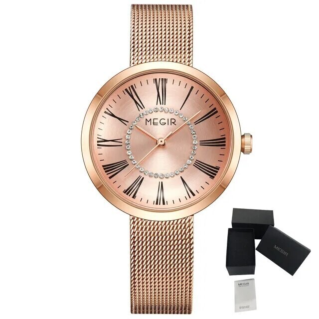 MEGIR Luxury Women Watches Fashion Quartz Watch Ladies Clock Stainless Steel Waterproof Female Watch Relogio Feminino 7014, Color: Rose