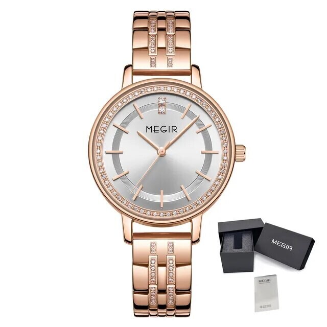 MEGIR Luxury Watches for Women Stainless Steel Dress Clock Fashion Elegant Wristwatch Quartz Watch Ladies Clock Reloj Mujer 7012, Color: Rose