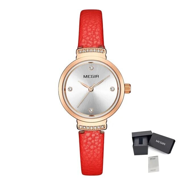 MEGIR Classics Leather Strap Quartz Watch Women Fashion Diamond Ladies Clock Waterproof Casual Dress Wristwatch Montre Femme, Color: Red