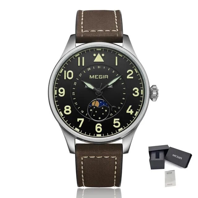 MEGIR Fashion Sport Quartz Watches Men Luxury Leather Business Casual Wristwatches Waterproof Date Clcok Moon Phase Reloj Hombre, Color: Brown