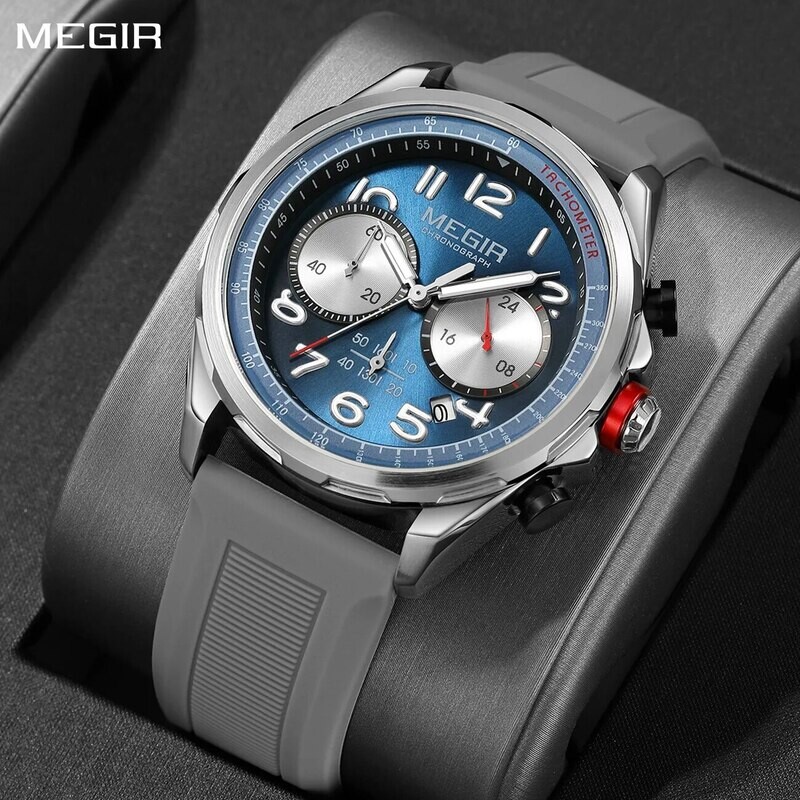 MEGIR New Men Watches Luxury Quartz Wristwatch Gray Waterproof Military Sports Chronograph Silicone Strap Clock Montre Homme