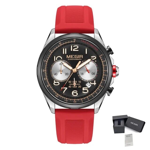 MEGIR New Men Watches Luxury Quartz Wristwatch Gray Waterproof Military Sports Chronograph Silicone Strap Clock Montre Homme, Color: Red