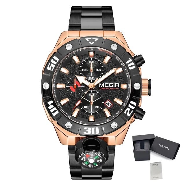 MEGIR Watch Top Brand Luxury Business Quartz Watches Chronograph Stainless Steel Calendar Luminous Clock WristWatch Montre Homme, Color: Rose Black