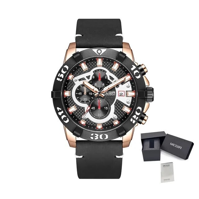 MEGIR Men Watches Fashion Luxury Big Dial Sports Watches Waterproof Quartz Wristwatch Chronograph Man Casual Luminous Clock 2136, Color: Rose Black
