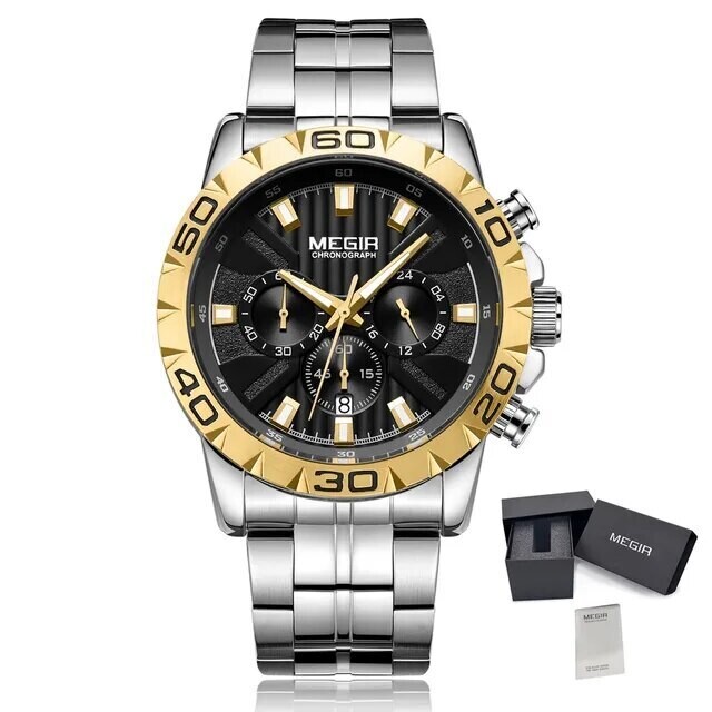 MEGIR Watches Business Mens Watches Top Brand Luxury Quartz Casual Wristwatch Date Clock Waterproof Wrist Watch Chronograph 2087, Color: Gold Silver