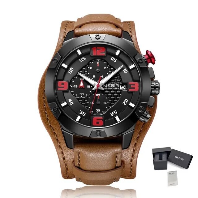 MEGIR Large Dial Watches for Men Luxury Brand Sports Chronograph Clock Waterproof Luminous Hands Quartz Wristwatch Reloj Hombre, Color: Brown
