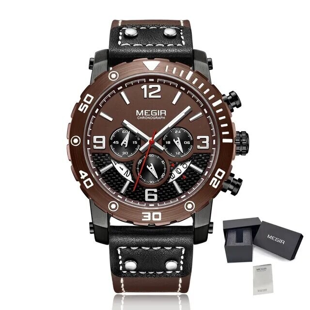 MEGIR Men&#39;s Casual Watch Top Brand Luxury Business Wrist Watch Leather Luminous Sports Military Watches Chronograph Male Clock, Color: Brown Black