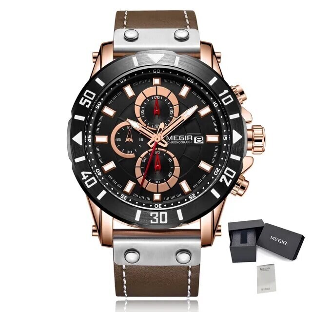 MEGIR Watch Men&#39;s Military Sport Wrist Watches Waterproof Leather Quartz Chronograph Calendar Luminous Clock Watch for Man 2081, Color: Rose Brown