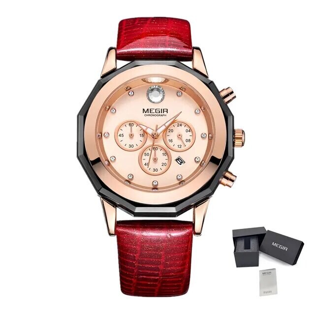 MEGIR Luxury Brand Women Bracelet Watches Ladies Fashion Quartz Sport Wristwatch Leather Dress Clock Chronograph Reloj Hombre, Color: Red
