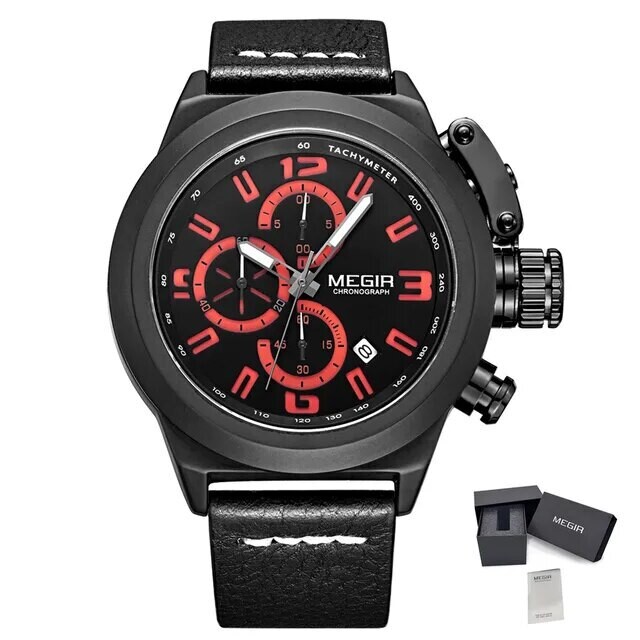 MEGIR Brand Luxury Sport Men Watches Quartz Big Dial Wristwatch Multifunction Luminous Waterproof Casual Chronograph Date Clock, Color: black
