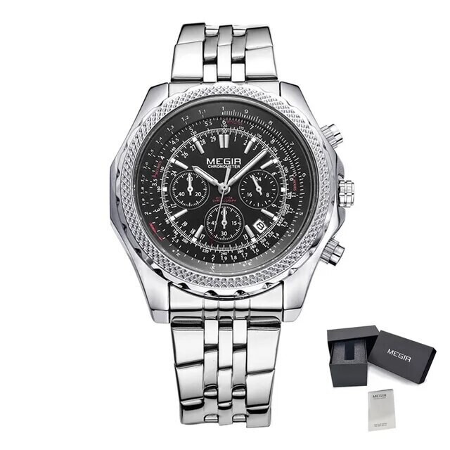 MEGIR Fashion Business Men&#39;s Watch Stainless Steel Quartz Wristwatch Calendar Big Dial Man Military Sports Chronograph Clock, Color: Black Silver