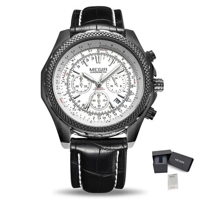 MEGIR Luxury Quartz Wristwatches Fashion Casual Leather Strap Men Sports Watch Large Dial Chronograph Date Clock Montre Homme, Color: black