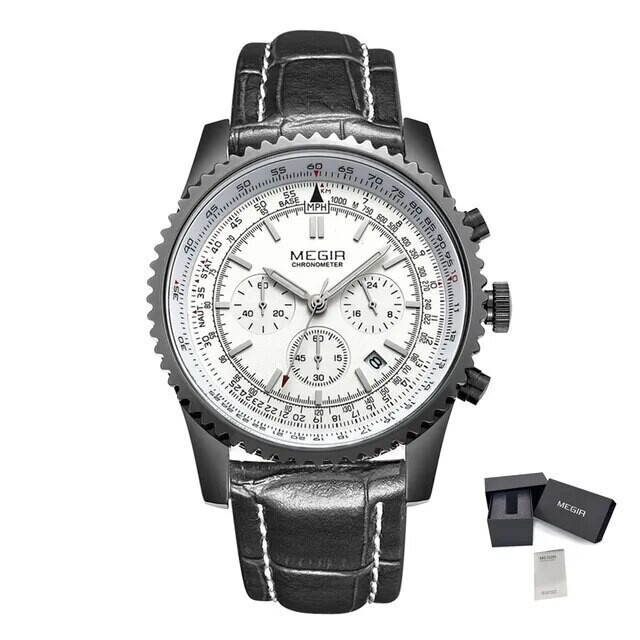 MEGIR Fashion Leather Strap Quartz Watches Waterproof Luminous Men Casual Sport Wristwatch Date Clock Chronograph Reloj Hombre, Color: White Black