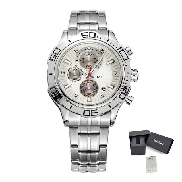 MEGIR Luxury Business Watch for Men Fashion Casual Clock Stainless Steel Calendar Luminous Chronograph Quartz Sport WristWatches, Color: Silver