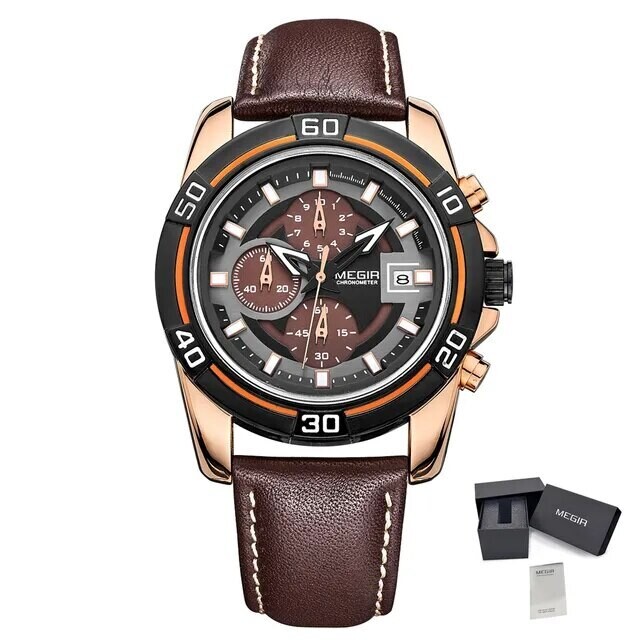 MEGIR Top Brand Fashion Sport Chronograph Watch Men Quartz Leather Wristwatch Waterproof Luminous Man Watches with Date Clock, Color: Brown