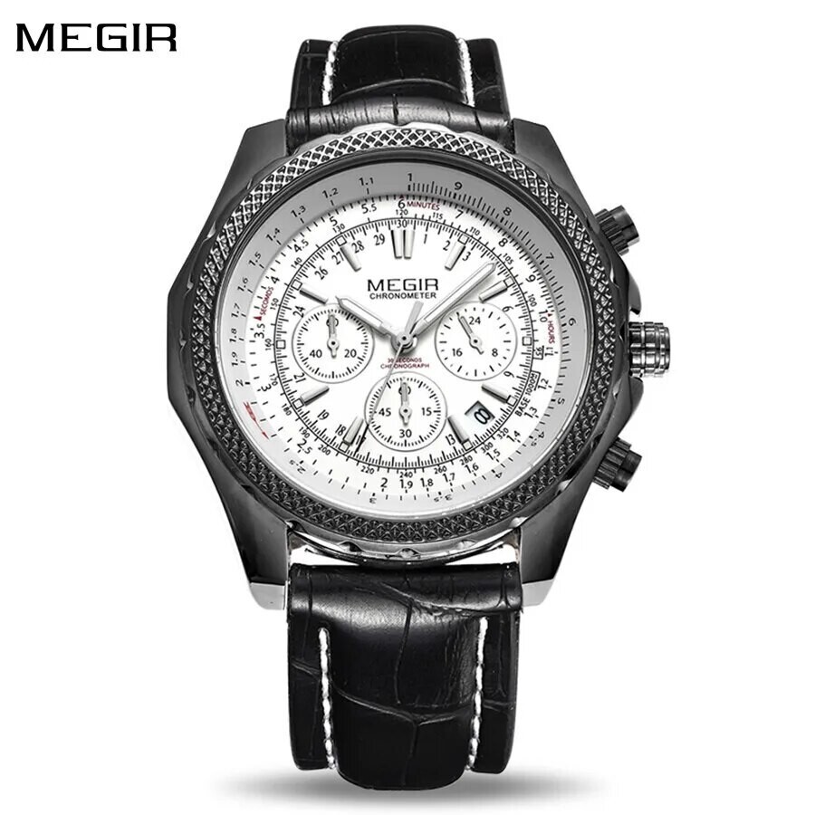 MEGIR Luxury Quartz Wristwatches Fashion Casual Leather Strap Men Sports Watch Large Dial Chronograph Date Clock Montre Homme 2007