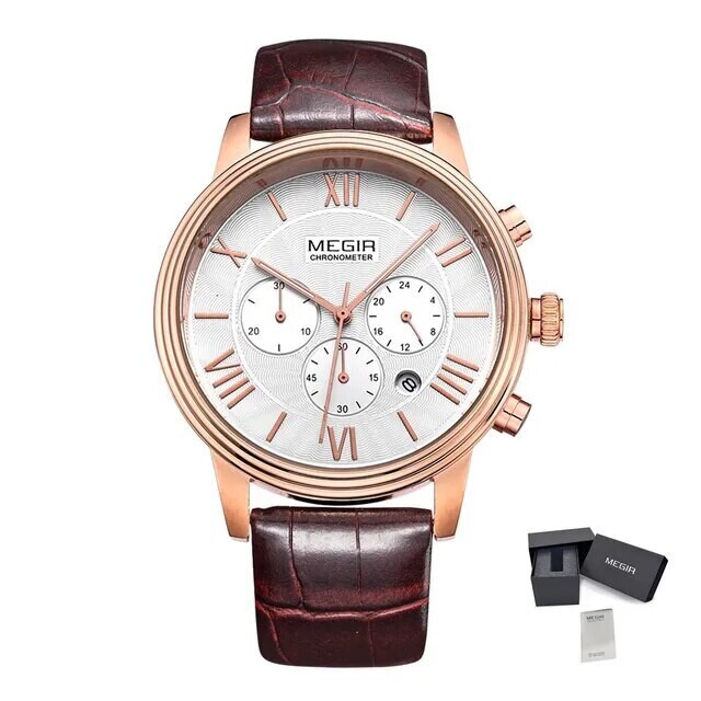 MEGIR Brown Retro Sports Quartz Men&#39;s Watches Large Dial Chronograph Clock Fashion Multifunctional Men Wrist Watch Montre Homme, Color: Brown