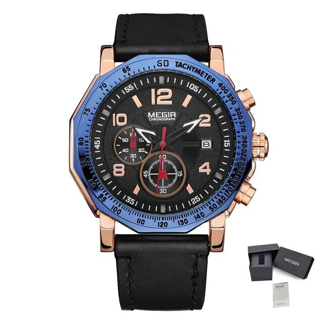 MEGIR Men&#39;s Sport Watch Large Dial Quartz Luminous Wristwatch Date Clock Fashion Relogio Masculino Leather Chronograph for Men, Color: Rose Black