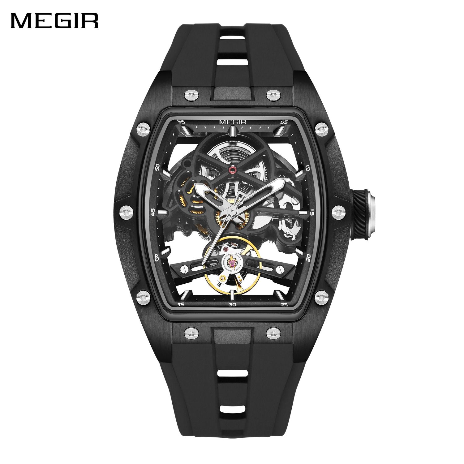 MEGIR 100% Original Fashion Men Watches Automatic Mechanical Watch Steel Case Sport Skeleton Wristwatch Waterproof Clock Reloj Hombre
