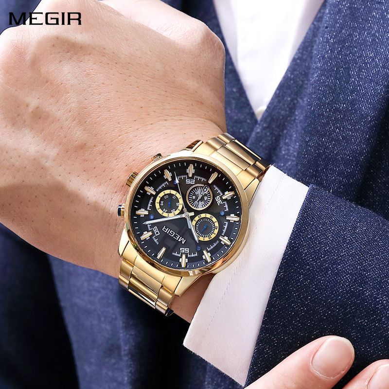 MEGIR Luxury Watch Mens Business Watches Calendar Stainless Steel Quartz Wrist Watch Clock Casual Chronograph Relogio Masculino 2220