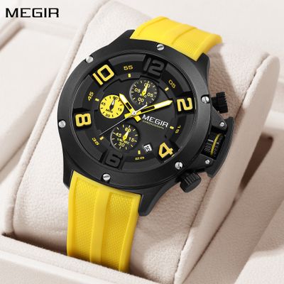 MEGIR Relogio Masculino Luxury Quartz Watch for Men Yellow Silicone Strap Military Sport WristWatch Chronograph with Auto Date
