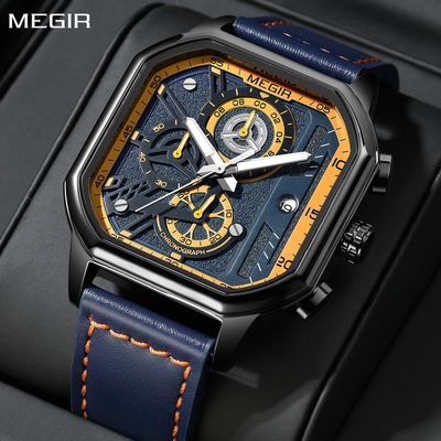 MEGIR Fashion Men&#39;s Squre Sport Watch Quartz Chronograph Luminous Military WristWatches Leather Luminous Date Clock Reloj Hombre