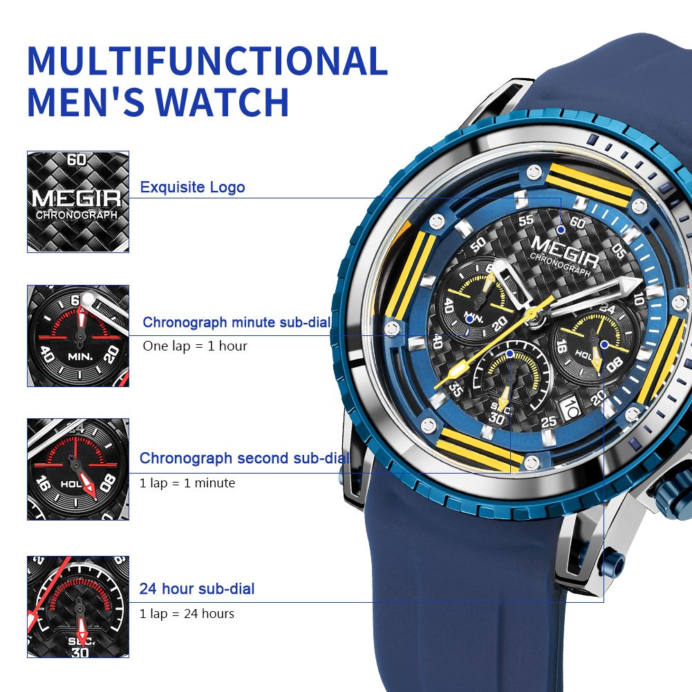MEGIR Orologio Sportivo Uomo Cronografo, Impermeabile 3 ATM, Cinturino In Silicone Blu, Quadrante Con Calendario, Modello 2144 - 2