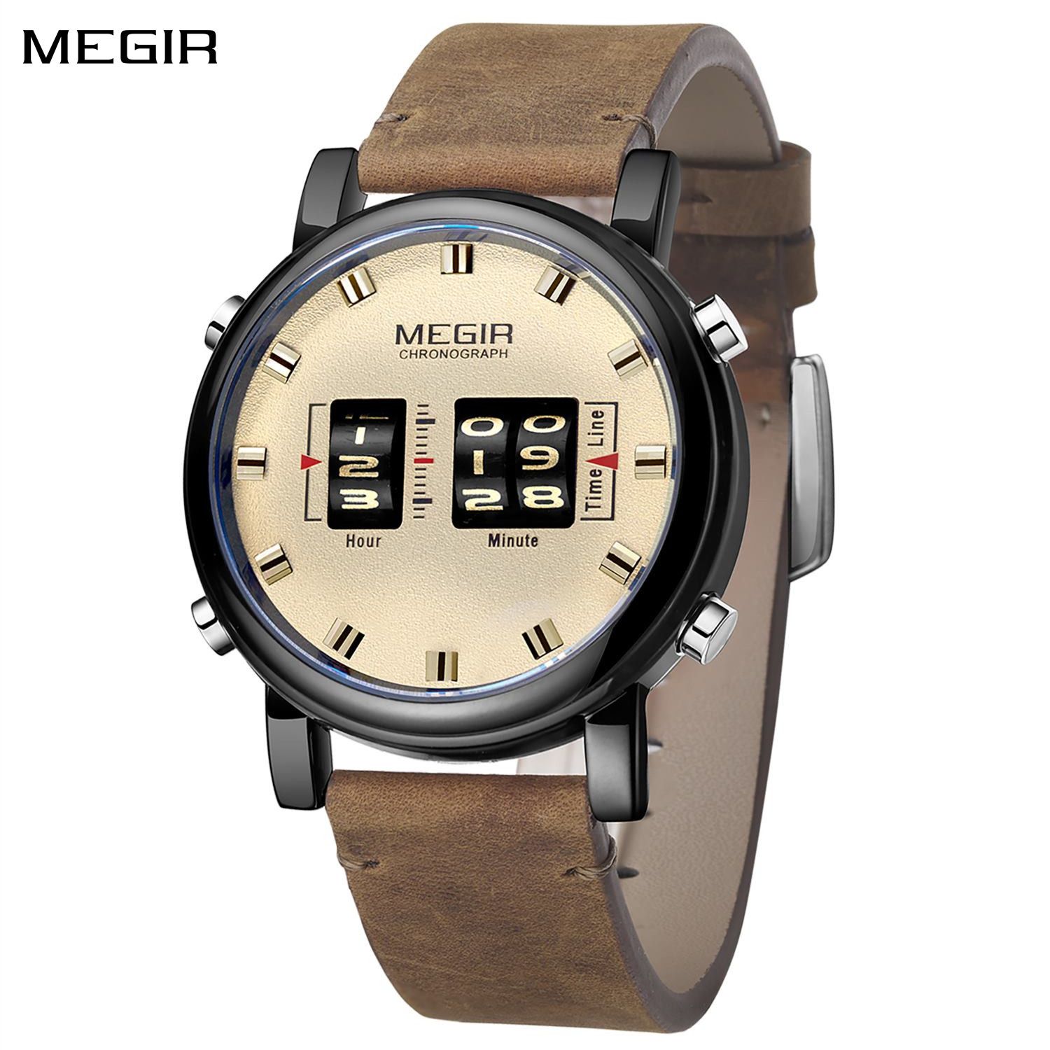 MEGIR Roller Pointer Watches for Men Fashion Luxury Military Sport Watch Leather Strap Quartz Wristwatch Clock Relogio Mascilino 2137