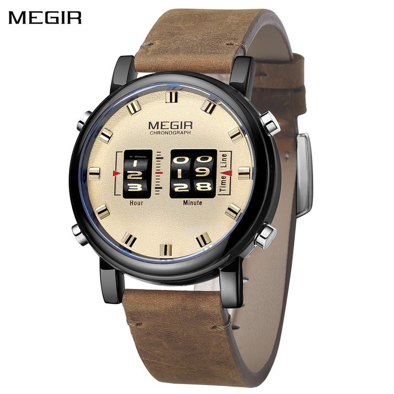 MEGIR Roller Pointer Watches for Men Fashion Luxury Military Sport Watch Leather Strap Quartz Wristwatch Clock Relogio Mascilino