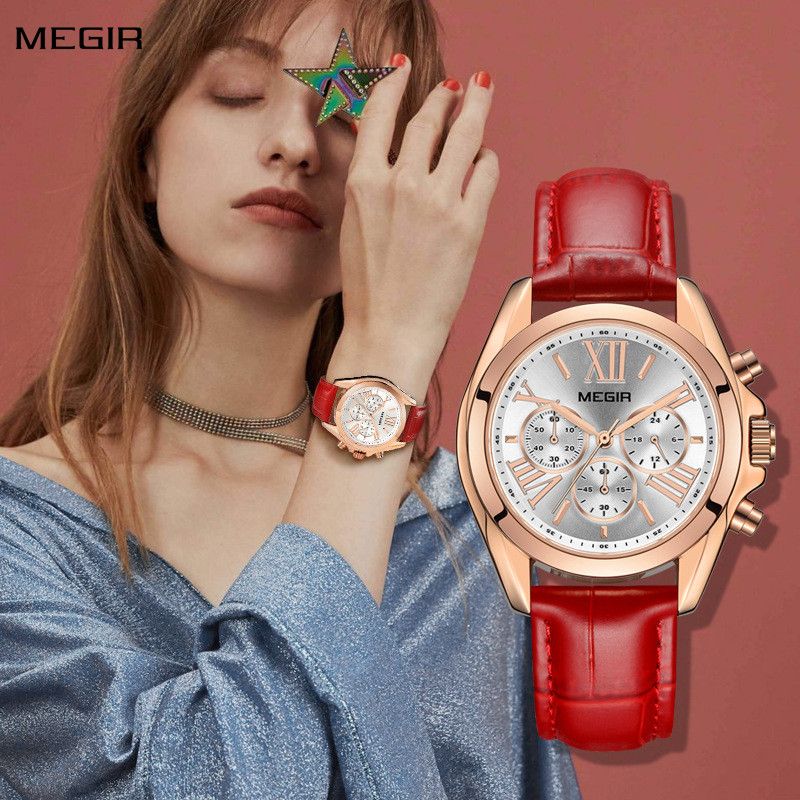 MEGIR Watches for Women Luxury Ladies Wristwatch Leather Waterproof Elegant Dress Quartz Chronograph Female Clock 24-hour 2114