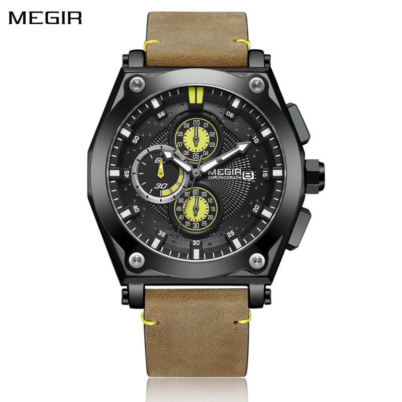 MEGIR Blue Quartz Men Watches Top Brand Leather Strap Chronograph Sport Wrist Watch Men Clock Relogio Masculino Reloj Hombre