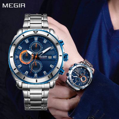 MEGIR Chronograph Quartz Men Watch Luxury Brand Stainless Steel Business Wrist Watches Male Clock Hour Time Relogio Masculino