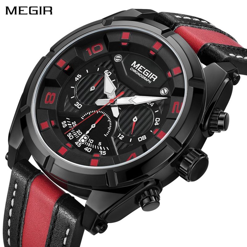 MEGIR Chronograph Sport Watch Men Quartz Wristwatches Clock Fashion Leather Army Military Watches Hour Time Relogio Masculino