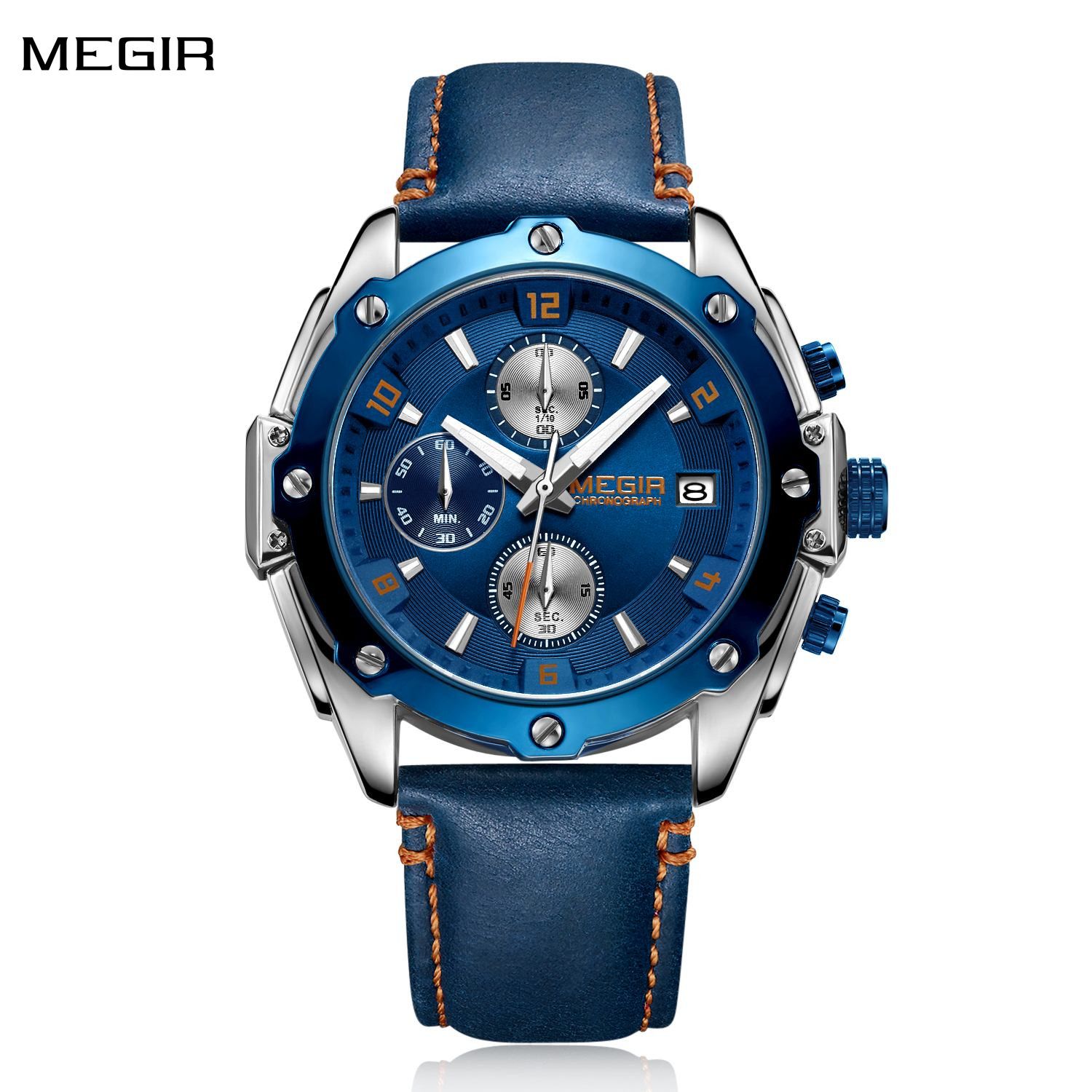 MEGIR Chronograph Men Business Watch Leather Strap Quartz Military Watch Clock Waterproof Date Clock Wristwatch Relogio Masculino 2074