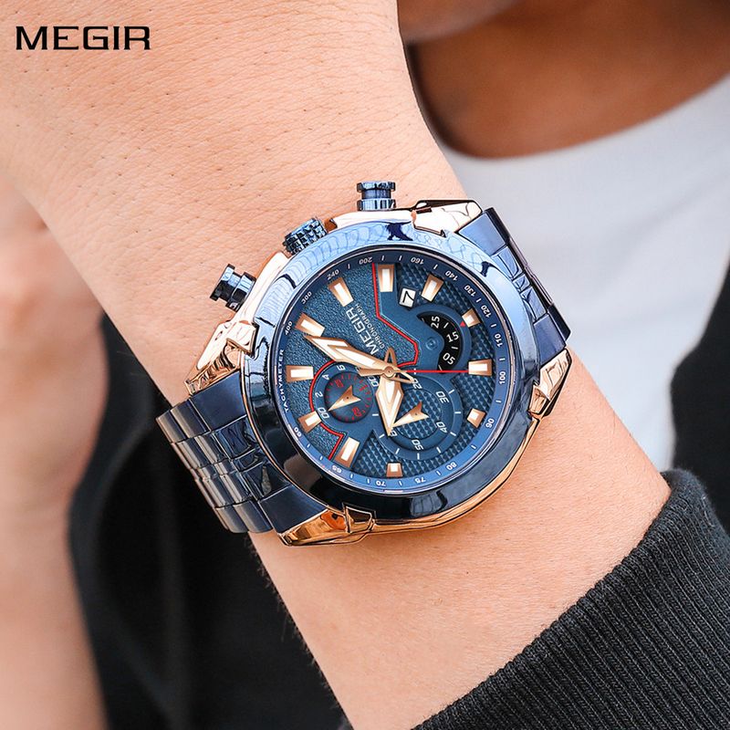 MEGIR Fashion Men Watches Luxury Business Watch for Men Stainless Steel Quartz Wrist Watch Calendar Date Clock Reloj Hombre 2065