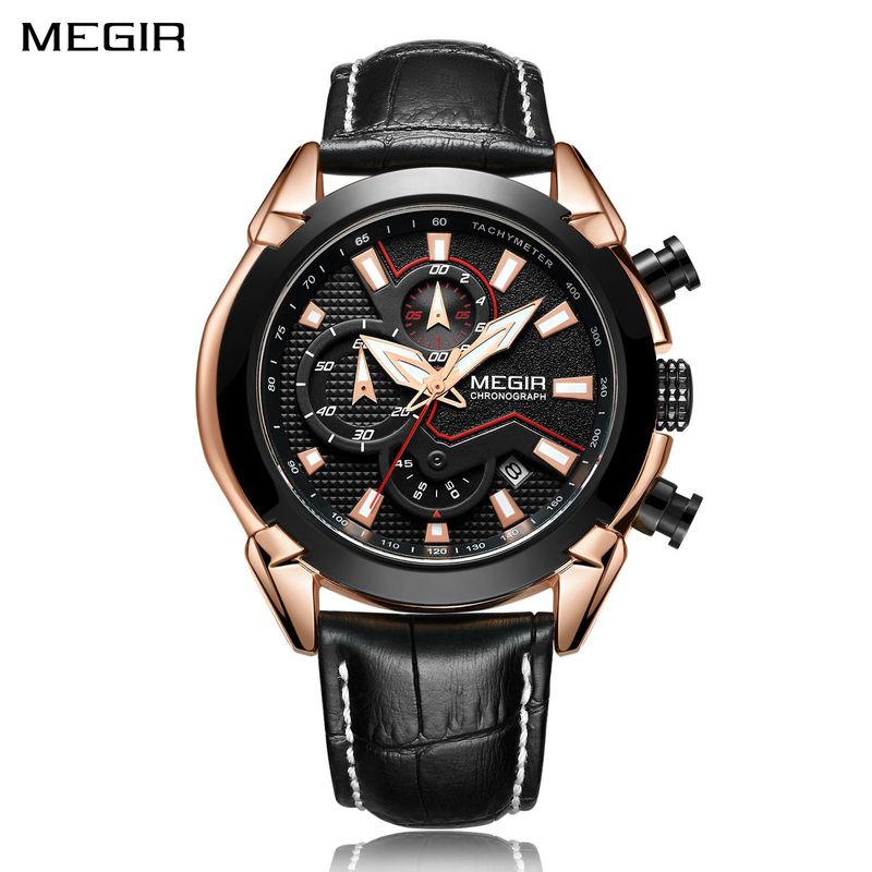 MEGIR Sport Chronograph Men&#39;s Quartz Wristwatch Waterproof Male Clock Calendar Luminous Man Watches Calendar Leather Watch 2065
