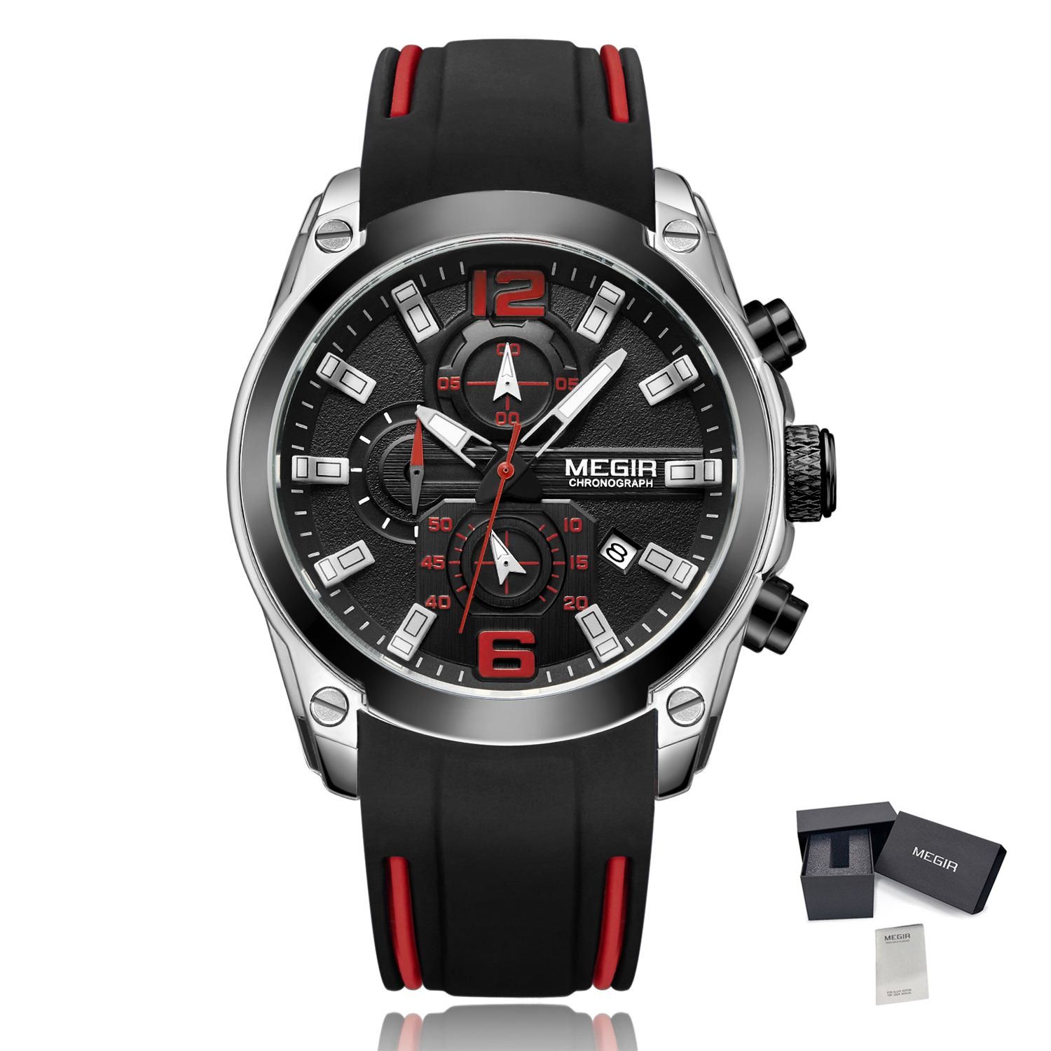 MEGIR Sport Watch Silicone Strap Chronograph Men Quartz Military Watch Waterproof Wrist Watches Relogio Masculino Man Clock, Color: MN2063GS-BK-1