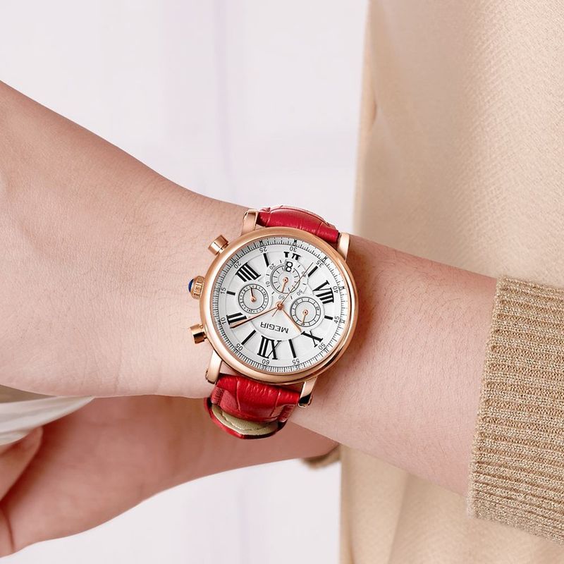 MEGIR Top Brand Quartz Watches for Women Leather Strap Ladies Casual Sport Wristwatch Chronograph Luxury Waterproof Female Clock 2058