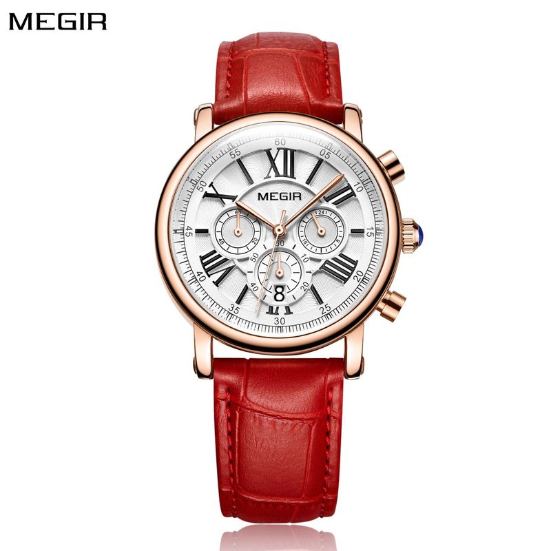 MEGIR Top Brand Quartz Watches for Women Leather Strap Ladies Casual Sport Wristwatch Chronograph Luxury Waterproof Female Clock 2058