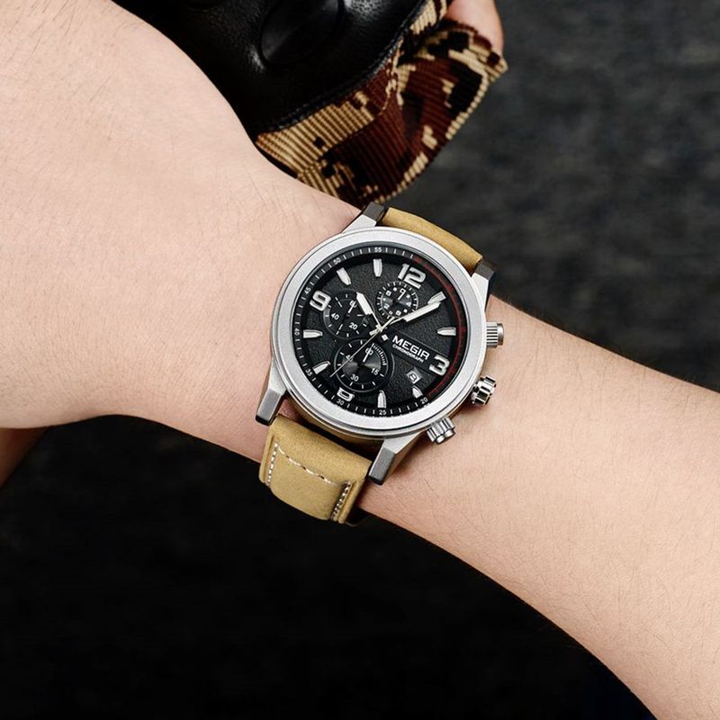 MEGIR Luxury Chronograph Men's Sport Watches Leather Strap Quartz Wristwatch Luminous Casual Male Clock Relogio Masculino 2026
