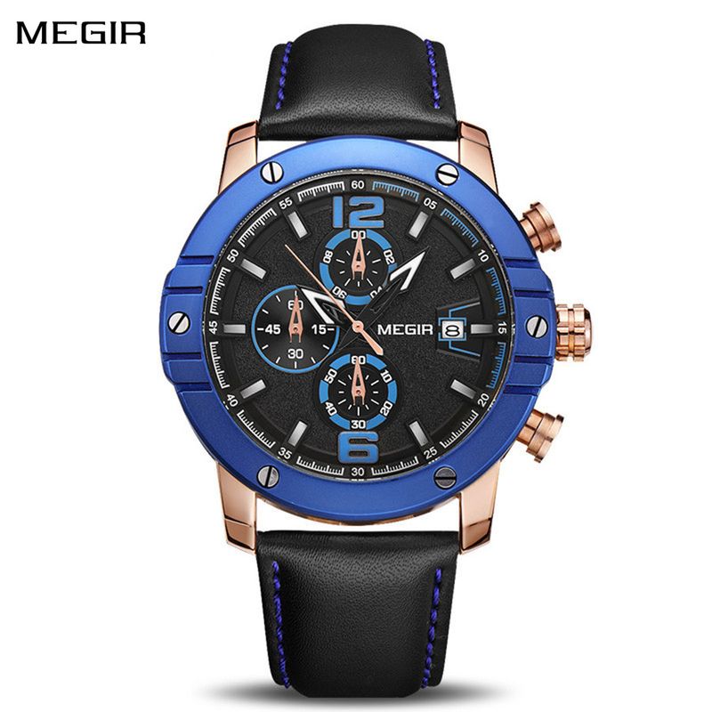 MEGIR Fashion Men&#39;s Quartz Watch Top Brand Luxury Business Casual Wristwatch Leather Strap Military Sports Watch Male Clock 2046