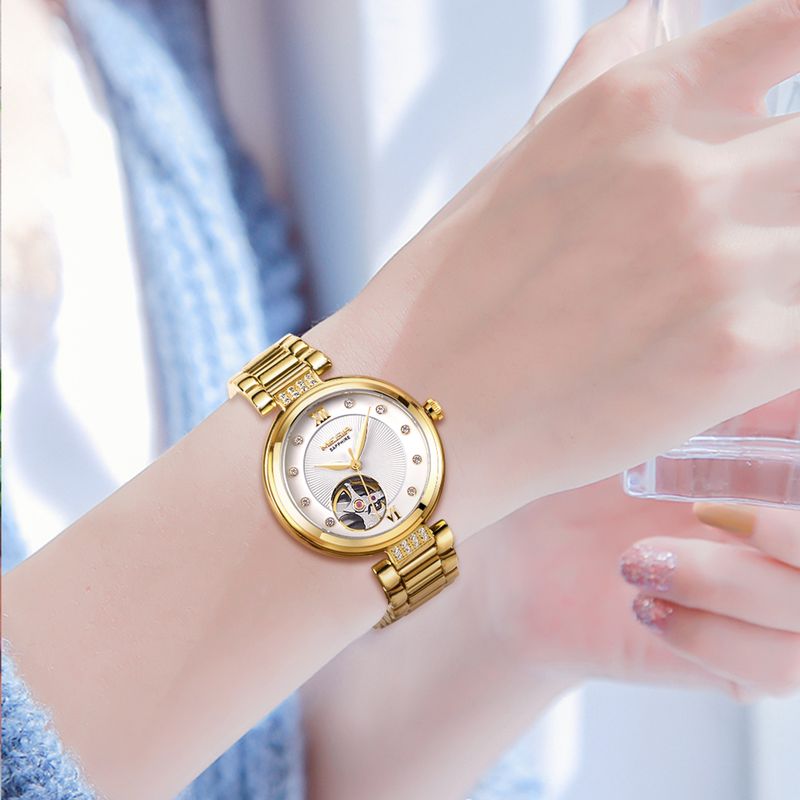MEGIR Luxury Stainless Steel Gold Women Bracelet Watch Large Dial Automatic Mechanical Wrist Watches Ladies Business Watch Clock 62060